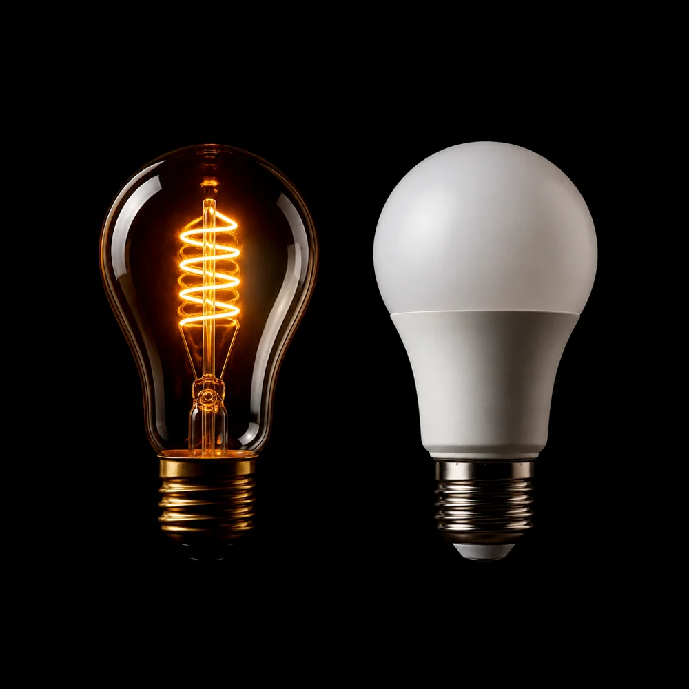 A glowing incandescent bulb beside an unlit modern LED bulb