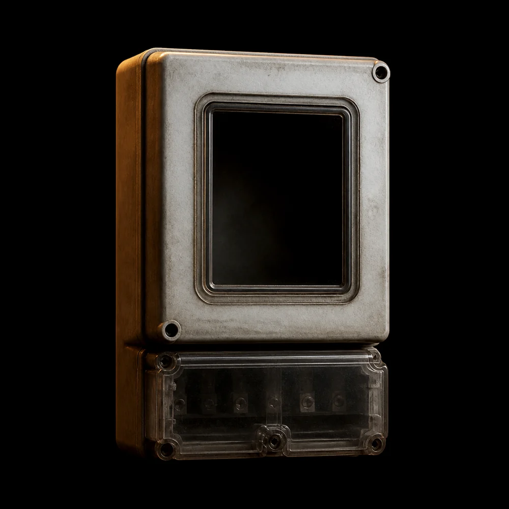A domestic electricity meter box in darkness